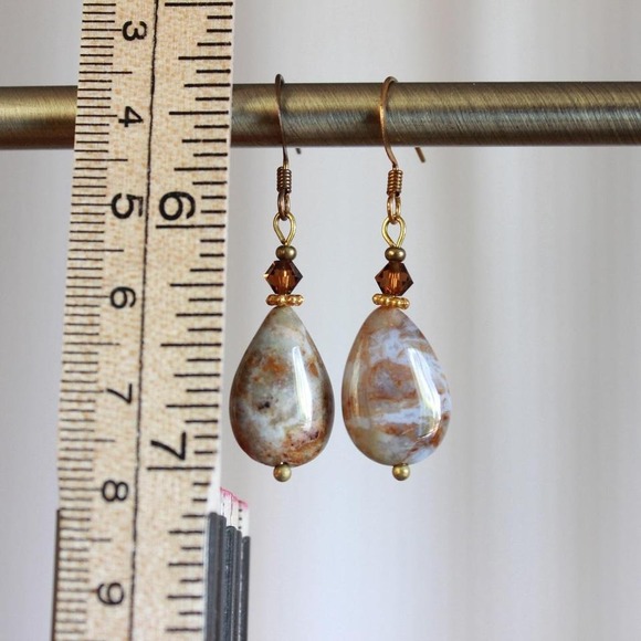 Handmade Desert Jasper Teardrop Stone Dangle‎ Earrings Earthy Boho Bohemian - Picture 2 of 3